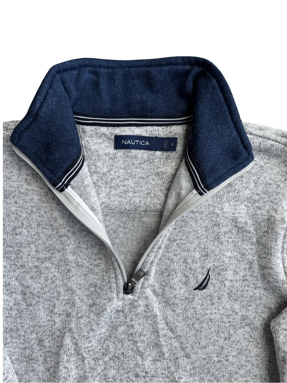 Nautica Fleece Heather Grey Marled Pullover 1/4 Zip Navy Mock neck Collar EUC S